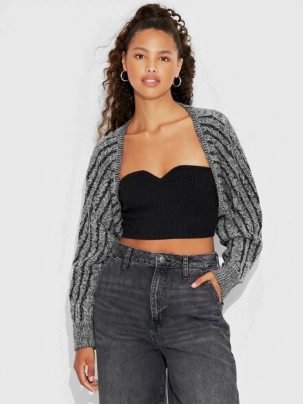 Wild Fable Oversized Cable Knit Sweater Shrug Bolero Gray & Black Small